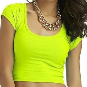 Womens Crop Top Nicki Minaj Yellow X-Large Studded Cutout Cap Sleeve Scoop Neck